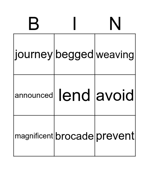 Vocabulary Words Bingo Card