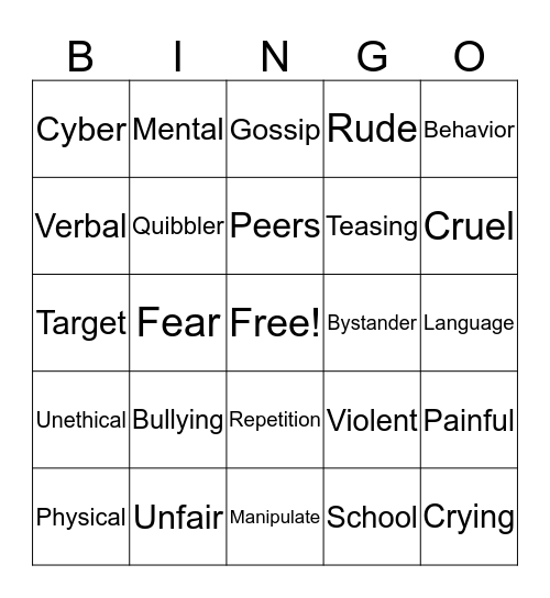 Bullying Bingo Card