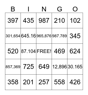 Place Value Bingo Card