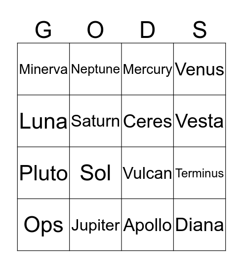 Roman Gods Bingo Card