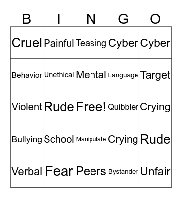 Bullying Bingo Card