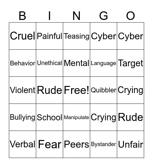 Bullying Bingo Card