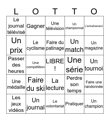 French 2 U11 Pastimes Bingo Card