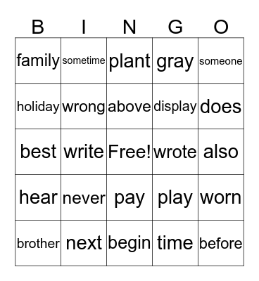 High Frequency Bingo Card