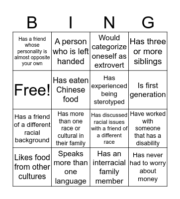 Chi Upsilon Sigma's Cultural Bingo Card