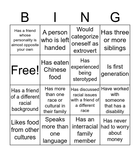 Chi Upsilon Sigma's Cultural Bingo Card