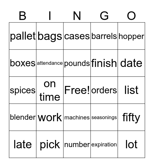 Spice Room Bingo Card