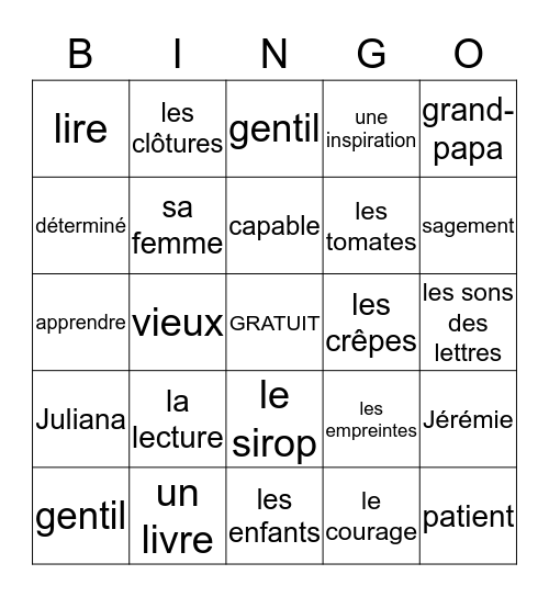 Jérémie apprend à lire Bingo Card