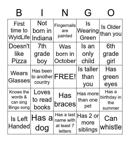 WyldLife Bingo Card
