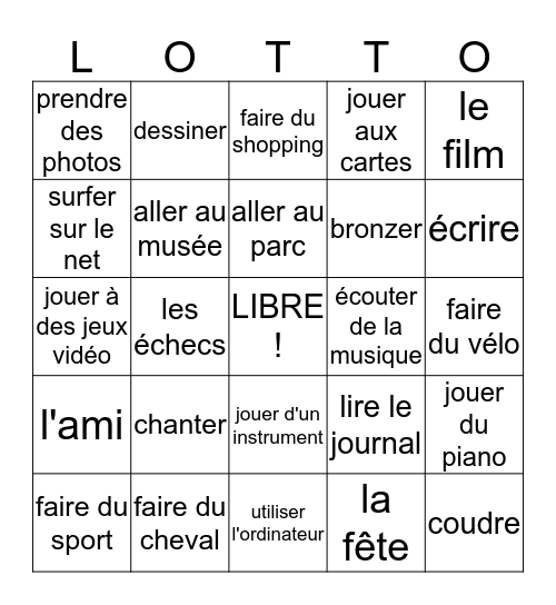 French 1 Unit 10 Hobbies Bingo Card