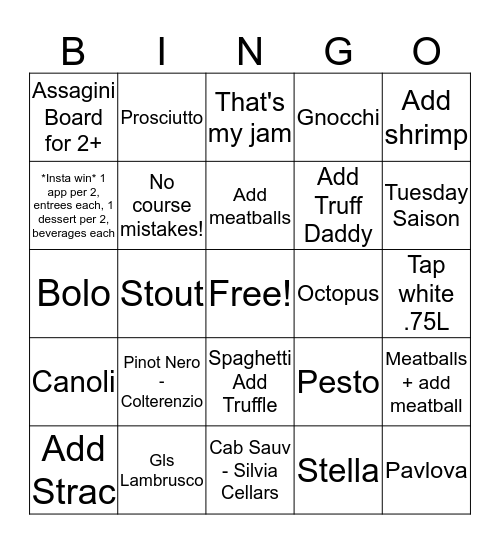 Amano Pasta  Bingo Card