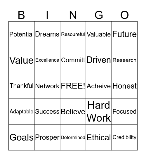 Words of Success Bingo Card