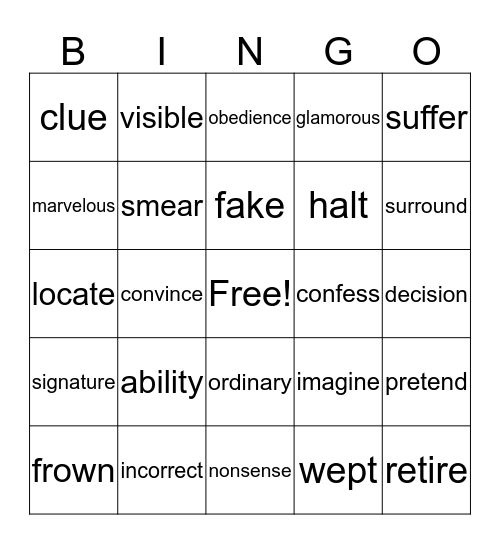 October/November Vocabulary Bingo Card