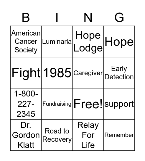 Relay For Life Bingo Card