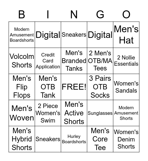 PacSun Bingo Card