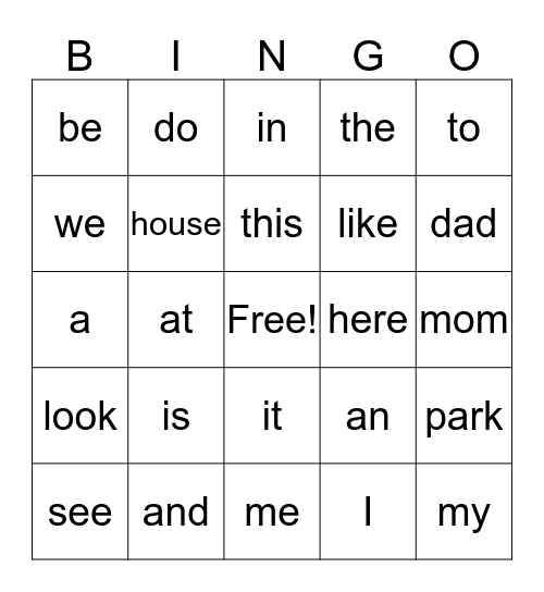 Snap Words Bingo Card