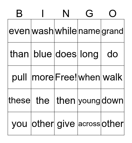 Word Wall Word  Bingo Card