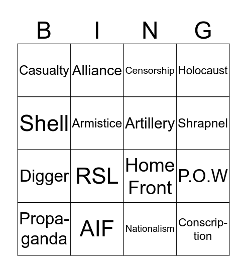 Australians at War Bingo Card