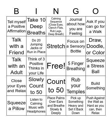 Coping Skills Bingo Card