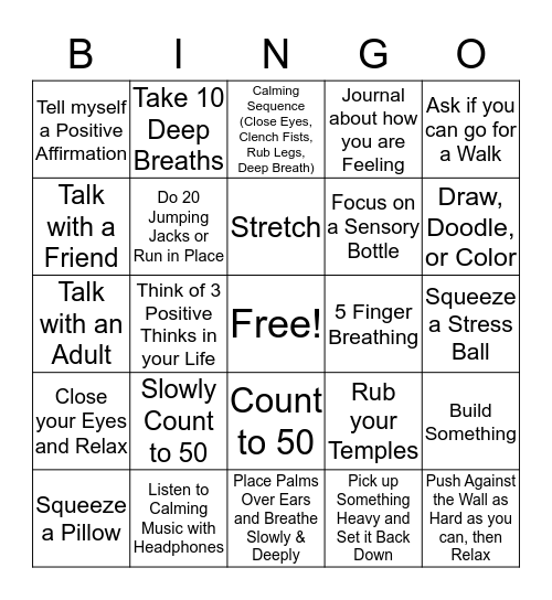 Coping Skills Bingo Card