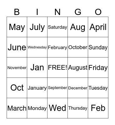 Months of the Year and Days of the Week Bingo Card