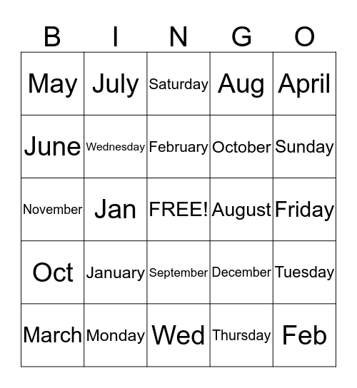 Months of the Year and Days of the Week Bingo Card