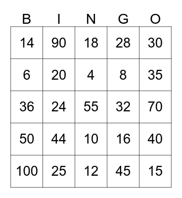 Multiplication Bingo Card