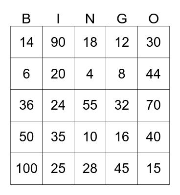Multiplication Bingo Card
