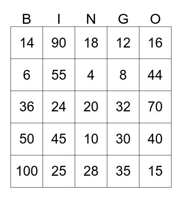 Multiplication Bingo Card