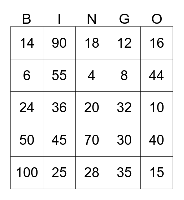 Multiplication Bingo Card