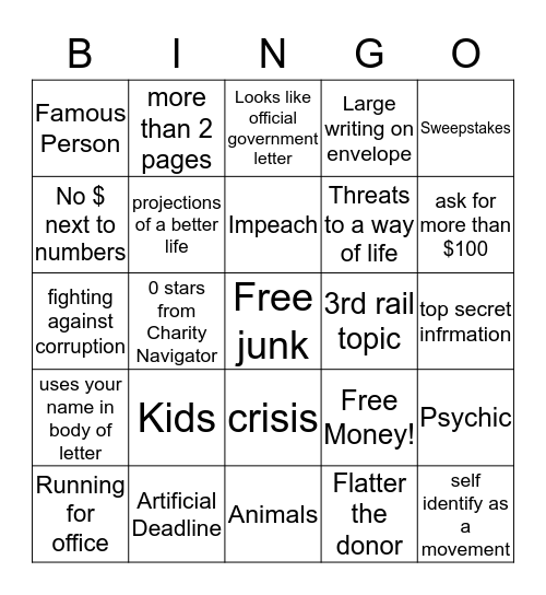 Junk Mail BINGO Card
