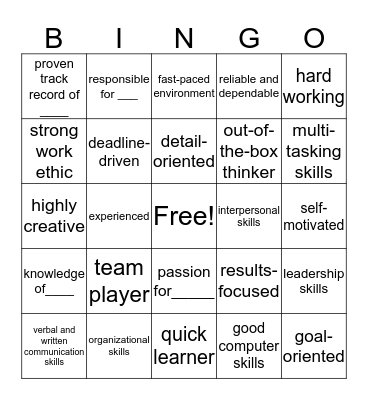 Resume words Bingo Card