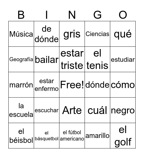 Sp 1 Unit 1 Vocab Bingo Card