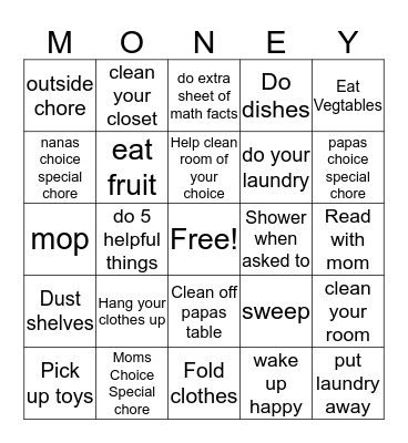 Chores Bingo for Money! Bingo Card