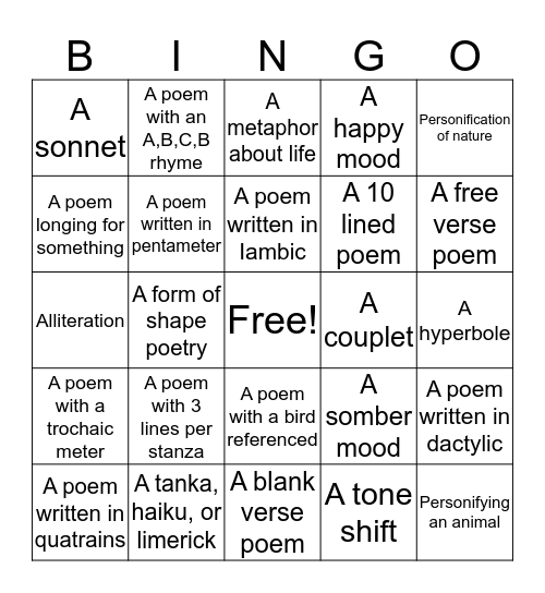 Poetry Bingo Card