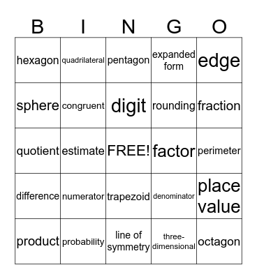 Math Vocabulary Bingo Card