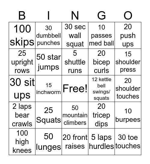 Fitness BINGO Card