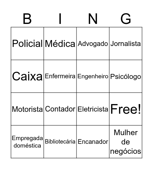 Profissões Bingo Card