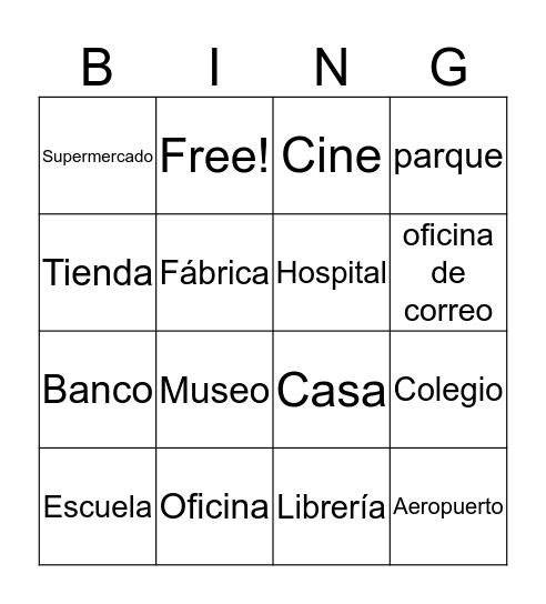 Places Bingo Card