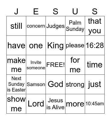 Children's Church Bingo Card