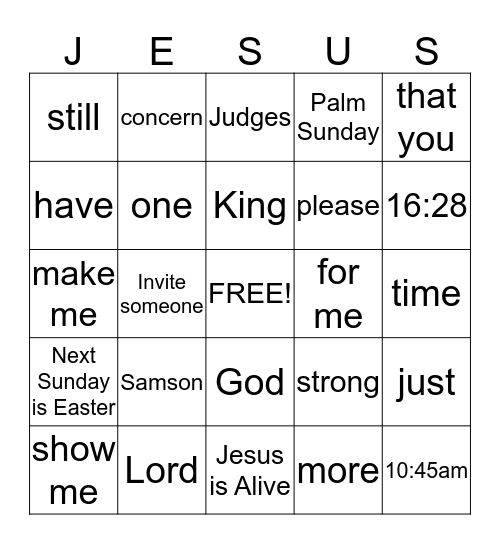 Children's Church Bingo Card