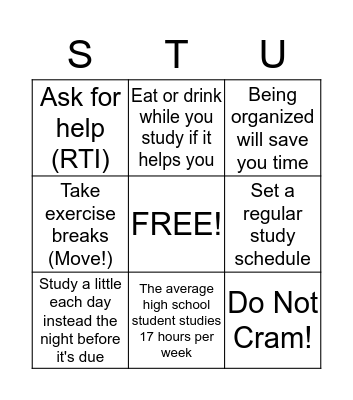 STUDY SKILLS Bingo Card