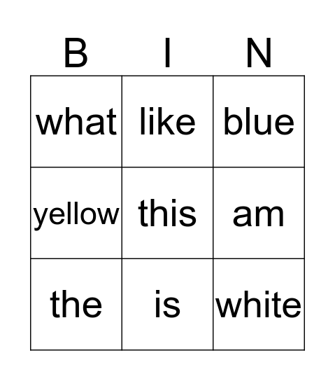 sight words Bingo Card