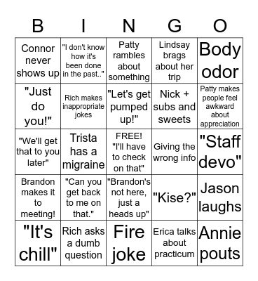 Staff Meeting Bingo Card