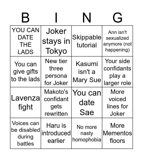 P5R Wishlist Bingo Card