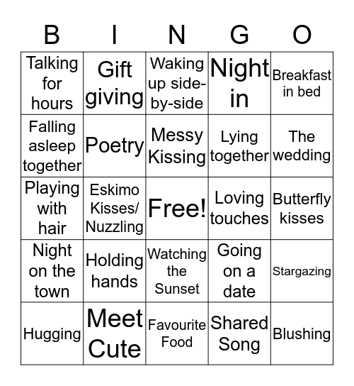 Sappy SFW Shipping Bingo Card