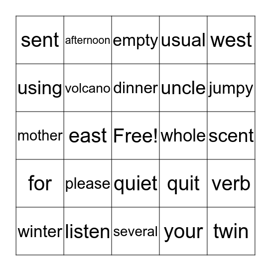 Word Wall Bingo 10-25-19 Bingo Card