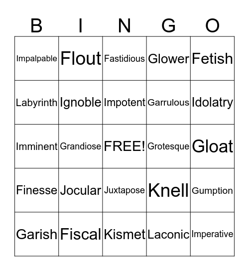 Vocabulary Bingo Card