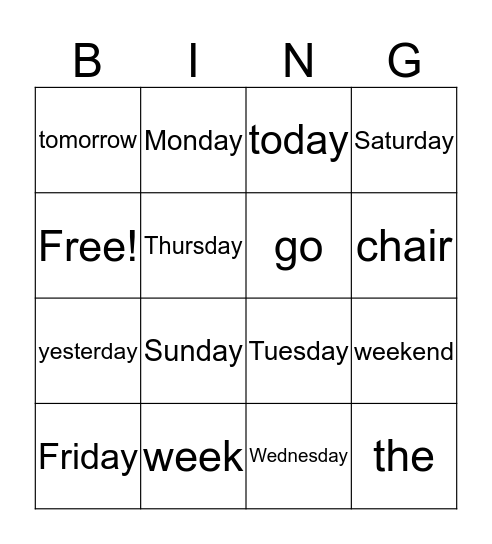 Days of the Week Bingo Card