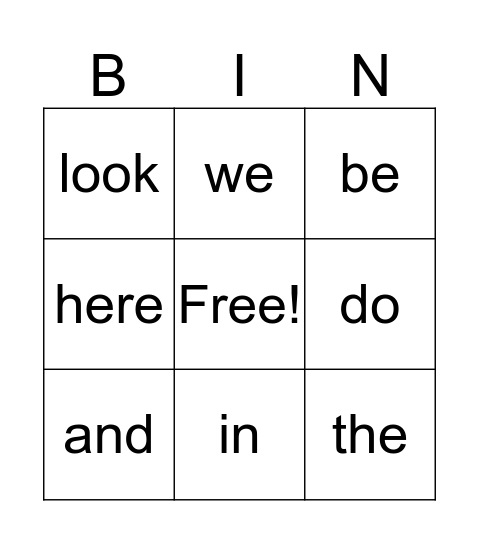 Snap Words Bingo Card